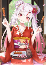 Rule 34 | 1girl, absurdres, arms up, blush, branch, collarbone, cup, dango, doorway, double bun, earrings, floral print, flower, food, gradient hair, hair bun, hair flower, hair ornament, head tilt, highres, holding, holding food, hololive, horn ornament, horns, inaka 44, indoors, japanese clothes, jewelry, kimono, long hair, looking at viewer, multicolored hair, nakiri ayame, nakiri ayame (new year), obi, oni, petals, red eyes, red hair, red kimono, sash, seiza, silver hair, sitting, skin-covered horns, smile, solo, stick, streaked hair, tatami, tray, virtual youtuber, wagashi, wide sleeves, yunomi