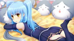 Rule 34 | 1girl, bed, black thighhighs, blue hair, eiyuu densetsu, elbow gloves, falcom, feet, gloves, highres, looking at viewer, lying, no shoes, on stomach, pillow, skirt, solo, sorano (12gou), thighhighs, tio plato, twintails, yellow eyes, zero no kiseki