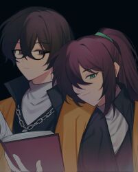 Rule 34 | 2boys, black coat, black eyes, black hair, blue eyes, book, closed mouth, coat, glasses, heterochromia, high ponytail, highres, holding, holding book, hong lu (project moon), jewelry, limbus company, looking at viewer, mokapome, multiple boys, necklace, project moon, sweater, white sweater, yi sang (project moon)