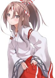 Rule 34 | 1girl, brown eyes, hachimaki, hakama, hakama pants, hakama shorts, headband, high ponytail, highres, japanese clothes, kantai collection, light brown hair, long hair, long sleeves, natsuki (gedo), pants, ponytail, red hakama, red pants, shorts, simple background, solo, striped headband, white background, wide sleeves, zuihou (kancolle)