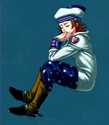 Rule 34 | 1boy, boots, brown footwear, brown hair, chromatic aberration, cowboy boots, crying, closed eyes, from side, full body, hand to own mouth, hat, heart, johnny joestar, jojo no kimyou na bouken, jojolion, crossed legs, male focus, sailor hat, solo, spurs, star (symbol), star print, streaming tears, tears, yaeten1