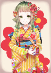 Rule 34 | 1girl, absurdres, ahoge, ball, bow, commentary request, floral background, floral print, flower, flower knot, green eyes, gumi, hair bow, hair flower, hair ornament, highres, holding, holding ball, japanese clothes, kanzashi, kimono, long sleeves, mai mugi, nail polish, obi, pink bow, red nails, sash, short hair with long locks, smile, solo, striped clothes, striped kimono, tassel, vocaloid, yellow kimono