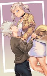 Rule 34 | asta (black clover), black clover, carrying partner, contemporary, dress, hands on chest, highres, neckcollar, noelle silva, twintails, watch, white dress