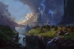 Rule 34 | blue sky, cloud, cloudy sky, commentary, day, dragon, highres, house, landscape, mountain, no humans, original, outdoors, philipp urlich, river, scenery, sky, thunder, tree, water, waterfall, wyvern