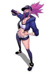 Rule 34 | 1girl, absurdres, akali, asymmetrical clothes, baseball cap, belt, black thighhighs, bracelet, breasts, choker, cleavage, cropped jacket, hand on own hip, hat, highres, holding, hood, hooded jacket, jacket, jewelry, k/da (league of legends), k/da akali, league of legends, long hair, mask, midriff, navel, official alternate costume, orange eyes, ponytail, purple eyes, purple hair, simple background, single pantsleg, single thighhigh, solo, spray can, thighhighs, velzhe, white background