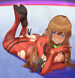 Rule 34 | 1boy, 1girl, arms under breasts, ass, ass cutout, between buttocks, blue eyes, bodysuit, breasts, brown hair, butt crack, clothing cutout, curvy, evangelion: 3.0+1.0 thrice upon a time, foreshortening, full body, hair down, huge ass, ikari shinji, kikimifukuri, large breasts, long hair, long sleeves, lying, multicolored bodysuit, multicolored clothes, neon genesis evangelion, nervous smile, on stomach, pilot suit, plugsuit, rebuild of evangelion, red bodysuit, shaded face, shiny clothes, skindentation, smile, souryuu asuka langley, steaming body, sweatdrop, the pose, torn bodysuit, torn clothes, very long hair, wide hips