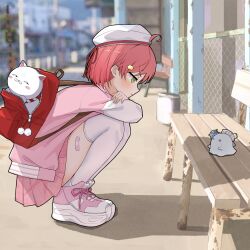 Rule 34 | 1girl, 35p (sakura miko), ahoge, ai (u e o o), backpack, bag, bandaid on thigh, bench, beret, blush, cat hair ornament, closed mouth, full body, ghost, green eyes, hair ornament, hairclip, hat, highres, hololive, hoshimachi suisei, jacket, jitome, letterman jacket, long sleeves, looking at creature, miniskirt, official alternate costume, official alternate hair length, official alternate hairstyle, outdoors, pink footwear, pink hair, pink jacket, pink skirt, plaid, plaid skirt, platform footwear, pleated skirt, raglan sleeves, red bag, sakura miko, sakura miko (school uniform), school uniform, shoes, short hair, skirt, sneakers, squatting, virtual youtuber, white headwear, white sleeves