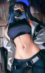 Rule 34 | 1girl, absurdres, assault rifle, baseball cap, belt, black belt, black mask, black tank top, blue archive, blue eyes, blue hair, breasts, crop top, gun, hat, highres, holding, holding gun, holding weapon, jacket, large breasts, long hair, looking at viewer, mask, midriff, mouth mask, navel, off shoulder, rifle, saori (blue archive), solo, stomach, straight hair, tank top, weapon, yoshimoto (carpsukidayo)