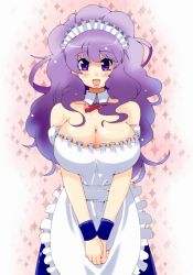 Rule 34 | 1girl, :d, apron, bare shoulders, blush, bow, bowtie, breasts, cleavage, collar, happy, huge breasts, long hair, maid, maid apron, maid headdress, momo (fruits box), open mouth, original, purple eyes, purple hair, smile, solo