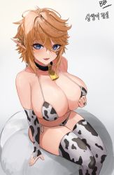 Rule 34 | 1girl, absurdres, animal print, bare shoulders, bell, bikini, black collar, blue eyes, breasts, bridal gauntlets, brown hair, buff bard, cleavage, collar, collarbone, commission, cow print, cowbell, dungeon and fighter, facial mark, fang, from above, hair between eyes, hair ornament, hand on own chest, highres, korean text, large breasts, looking at viewer, looking up, micro bikini, navel, neck bell, original, parted lips, pointy ears, print bikini, print thighhighs, short hair, side-tie bikini bottom, signature, simple background, skindentation, solo, stomach, strap gap, string bikini, swimsuit, thighhighs, white background