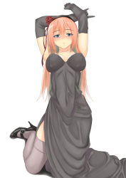 Rule 34 | 1girl, black dress, black gloves, blue eyes, blush, breasts, covered navel, dress, elbow gloves, full body, gloves, hairband, half-closed eyes, high heels, kneeling, large breasts, long hair, looking at viewer, muffin (sirumeria), open mouth, original, pink hair, side slit, simple background, solo, stiletto heels, thighhighs, white background