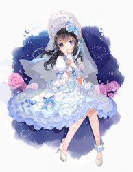 Rule 34 | 1girl, :d, ankle cuffs, blue bow, blue flower, blue rose, blush, bonnet, bow, bridal garter, bridal gauntlets, bride, brown hair, dress, earrings, floral background, flower, full body, head tilt, heart, high heels, highres, issign, jewelry, juliet sleeves, knees together feet apart, long hair, long sleeves, open mouth, original, pantyhose, pink flower, pink rose, puffy sleeves, purple eyes, rose, shoes, sitting, smile, solo, veil, water drop, wedding dress, white background, white dress, white footwear