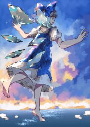 Rule 34 | 1girl, :d, aojirozame1228, aqua eyes, bare legs, barefoot, blue bow, blue dress, bow, bright pupils, cirno, detached wings, dress, feet, flying, full body, hair bow, highres, ice, ice wings, looking at viewer, looking back, mountainous horizon, multicolored sky, ocean, open hands, open mouth, outdoors, outstretched arms, profile, puffy short sleeves, puffy sleeves, shirt, short sleeves, sky, smile, soles, solo, teeth, touhou, upper teeth only, white pupils, white shirt, wings