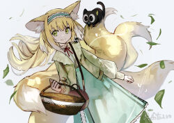 Rule 34 | 1girl, aito, animal ears, arknights, basket, blonde hair, blue skirt, cardigan, cat, cowboy shot, dutch angle, floating hair, fox ears, fox girl, fox tail, green eyes, heixiu, highres, holding, holding basket, kitsune, leaf, long hair, long skirt, long sleeves, looking at viewer, luo xiaohei, luo xiaohei zhanji, multicolored hair, multiple tails, neck ribbon, official alternate costume, open cardigan, open clothes, red ribbon, ribbon, shirt, shirt tucked in, simple background, skirt, smile, solo, streaked hair, suzuran (arknights), suzuran (spring praise) (arknights), tail, twitter username, white background, white hair, white shirt, yellow cardigan