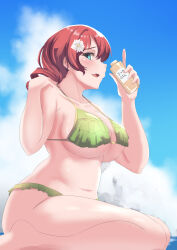 Rule 34 | 1girl, absurdres, bikini, blue eyes, bottle, braid, breasts, butter curry, emma verde, flower, freckles, frilled bikini, frills, from side, green bikini, hair flower, hair ornament, highres, holding, holding bottle, large breasts, looking at viewer, love live!, love live! nijigasaki high school idol club, low twintails, medium hair, seiza, sideboob, sitting, solo, swimsuit, twin braids, twintails