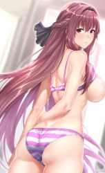 Rule 34 | 1girl, arms behind back, ass, blurry, blurry background, blush, bra, braid, breasts, character check, dutch angle, fate/grand order, fate (series), french braid, from behind, hair intakes, hand on own arm, indoors, large breasts, looking at viewer, looking back, panties, purple bra, purple hair, purple panties, red eyes, scathach (fate), skindentation, solo, standing, striped bra, striped clothes, striped panties, topless, underwear, window, zucchini