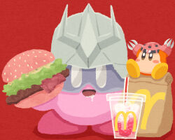 Rule 34 | bacon, bag, blush stickers, burger, char aznable, cup, food, goggles, gundam, helmet, holding, holding food, kirby, kirby (series), lettuce, mcdonald&#039;s, miclot, mobile suit gundam, nintendo, no humans, open mouth, paper bag, pink footwear, red background, saliva, shoes, simple background, waddle dee