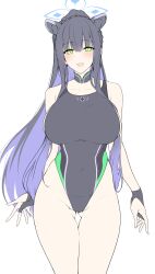 Rule 34 | 1girl, animal ears, arms at sides, bare shoulders, black hair, black one-piece swimsuit, blue archive, blue halo, breasts, bridal gauntlets, collarbone, competition swimsuit, covered navel, detached collar, flat color, gluteal fold, green eyes, halcon, halo, highleg, highleg swimsuit, highres, large breasts, long hair, looking at viewer, one-piece swimsuit, open mouth, ponytail, shun (blue archive), sidelocks, smile, solo, swimsuit, thigh strap, thighs, tiger ears, very long hair