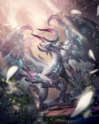 Rule 34 | blue eyes, claws, commentary request, dragon, feathered wings, fireflies, highres, horns, light rays, looking up, nature, no humans, nogi lief, original, petals, pixiv fantasia, pixiv fantasia last saga, ruins, scenery, solo, standing, sunbeam, sunlight, wings