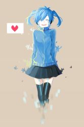 Rule 34 | 1girl, arms at sides, black thighhighs, closed eyes, colored eyelashes, ene (kagerou project), full body, headphones, heart, kagerou project, long hair, miniskirt, pineapple (a30930s), simple background, skirt, smile, solo, spoken heart, swept bangs, thighhighs, twintails