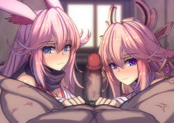 Rule 34 | 1boy, 2girls, animal ears, bare shoulders, blurry, blurry background, blush, censored, closed mouth, company connection, dark-skinned male, dark skin, earrings, erection, ffm threesome, fox ears, genshin impact, group sex, hair ornament, honkai (series), honkai impact 3rd, imminent fellatio, indoors, japanese clothes, jewelry, lao meng, long hair, looking at viewer, male pubic hair, mihoyo, mosaic censoring, multiple girls, name connection, penis, pink hair, pov, pubic hair, purple eyes, sakura ayane, smile, threesome, trait connection, voice actor connection, yae miko, yae sakura, yae sakura (gyakushinn miko)