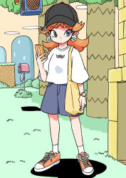 Rule 34 | 1girl, alternate costume, blue eyes, blue shorts, cellphone, earrings, female focus, fireplace, flower earrings, grass, hat, holding, holding phone, jewelry, junnosu, mailbox, mario (series), nintendo, orange hair, outdoors, phone, princess daisy, shadow, shoes, shorts, smartphone, solo, standing, super mario land, super mario world, watch, wristwatch