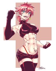 Rule 34 | 1girl, abs, bare shoulders, blue eyes, breasts, dated, fingerless gloves, gloves, heart, heart tattoo, looking at viewer, medium breasts, muscular, muscular female, original, red hair, shorts, signature, simple background, sleeveless, solo, tattoo, thighhighs, turtleneck, zettai ryouiki, zippedsquire