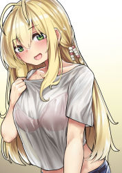 Rule 34 | 1girl, :d, antenna hair, beads, blonde hair, blush, bra, clothes pull, collarbone, cropped shirt, gradient background, green eyes, hair beads, hair between eyes, hair ornament, hand up, highres, looking at viewer, microa, navel, open mouth, pulled by self, red bra, see-through, see-through shirt, shirt, shirt pull, short sleeves, smile, solo, t-shirt, tsurumaki maki, underwear, voiceroid, white shirt