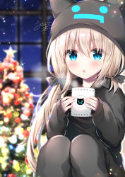 Rule 34 | 1girl, :o, animal ears, animal hood, asymmetrical hair, black jacket, black pantyhose, blonde hair, blue eyes, blurry, blurry background, blush, christmas, christmas ornaments, christmas tree, commentary request, cup, depth of field, fake animal ears, feet out of frame, hair between eyes, holding, holding cup, hood, hood up, hooded jacket, jacket, knees up, long sleeves, low twintails, mug, original, pantyhose, parted lips, puffy long sleeves, puffy sleeves, signature, sitting, sleeves past wrists, solo, tia-chan, twintails, uchuuneko, window