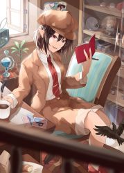 Rule 34 | 1girl, bag, bird, blazer, book, bookshelf, bread, brown hair, brown jacket, cabbie hat, camera, coffee, coffee mug, collared shirt, commentary request, crow, cup, feathers, flat cap, flower pot, food, hat, holding, holding book, holding pen, indoors, jacket, kagami toufu, looking at viewer, mug, necktie, official alternate costume, open clothes, open jacket, open mouth, open window, pants, pants rolled up, paper bag, pen, plant, pointy ears, quill, radio, red eyes, red necktie, shameimaru aya, shameimaru aya (newsboy), shirt, short hair, shorts, smile, socks, solo, sunlight, table, tokin hat, touhou, white shirt, white socks, window
