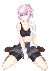 Rule 34 | &gt;:(, 10s, 1girl, bad id, bad pixiv id, bike shorts, black bra, black skirt, blue bow, blue eyes, blush, bow, bra, breasts, brown footwear, cleavage, closed mouth, collarbone, frown, full body, gloves, grey socks, hair between eyes, hair bow, highres, kantai collection, loafers, looking at viewer, medium breasts, midriff, navel, open clothes, open shirt, pink hair, pleated skirt, shiranui (kancolle), shirt, shoes, short sleeves, shorts, shorts under skirt, side ponytail, sitting, skirt, skirt tug, socks, solo, sports bra, underwear, v-shaped eyebrows, wariza, watarase piro, white background, white gloves, white shirt