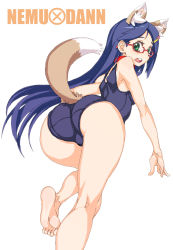 Rule 34 | 1girl, :o, all fours, animal ears, ass, bad id, bad pixiv id, bare shoulders, barefoot, blue hair, collar, feet, fox ears, fox tail, glasses, green eyes, hair ornament, hairclip, highres, long hair, looking back, oekaki, one-piece swimsuit, open mouth, school swimsuit, simple background, solo, swimsuit, tail, trefoil, vrkdh