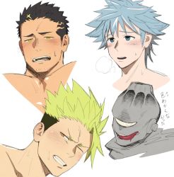 Rule 34 | 4boys, :q, achilles (fate), aqua hair, bara, black hair, blush, character request, copyright request, cropped shoulders, cropped torso, facial hair, fate/grand order, fate (series), itto (mentaiko), large pectorals, male focus, mature male, monster boy, multiple boys, muscular, muscular male, pectorals, sexually suggestive, short hair, spiked hair, stubble, sweatdrop, tokyo houkago summoners, tongue, tongue out, translation request, white background, yellow eyes, zabaniyya (housamo)