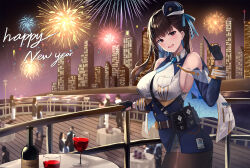 Rule 34 | 1girl, aerial fireworks, alcohol, bare shoulders, belt, belt pouch, black gloves, blue skirt, bottle, breast pocket, breasts, brown hair, brown pantyhose, cape, cityscape, collared shirt, cup, detached sleeves, drinking glass, fireworks, gloves, goddess of victory: nikke, hand up, happy new year, high-waist skirt, highres, large breasts, lkeris, long hair, long sleeves, looking at viewer, marian (nikke), miniskirt, necktie, new year, outdoors, pantyhose, pocket, pouch, red eyes, shirt, short necktie, skirt, sleeveless, sleeveless shirt, solo, white shirt, wine, wine bottle, wine glass, wing collar