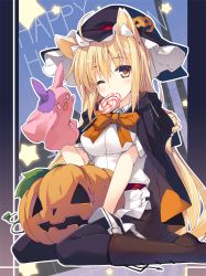 Rule 34 | 1girl, ;), ahoge, animal ears, black pantyhose, blonde hair, blush, boots, bow, braid, breasts, brooch, candy, cape, food, food-themed hair ornament, fox ears, hair ornament, halloween, happy halloween, jack-o&#039;-lantern, jewelry, lollipop, long hair, looking at viewer, one eye closed, original, pantyhose, pumpkin hair ornament, puppet, sitting, smile, solo, star (symbol), t-ray, very long hair, wariza, witch, yellow eyes