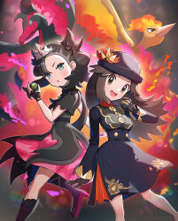 Rule 34 | 2girls, :d, :o, absurdres, black dress, black gloves, black hair, black nails, boots, breasts, brown eyes, brown hair, commentary request, creatures (company), dress, dusk ball, fingerless gloves, fire, galarian form, galarian moltres, game freak, gen 1 pokemon, gen 8 pokemon, gloves, gonzarez, green eyes, hat, hat ornament, highres, holding, holding poke ball, leaf, leaf (champion) (pokemon), leaf (pokemon), legendary pokemon, long hair, looking at viewer, luxury ball, marnie (champion) (pokemon), marnie (pokemon), medium breasts, moltres, multiple girls, nintendo, official alternate costume, open mouth, poke ball, pokemon, pokemon (creature), pokemon masters ex, small breasts, smile, tiara, twintails