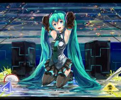 Rule 34 | 1girl, absurdres, aqua hair, armpits, arms behind head, arms up, bad id, bad pixiv id, blue eyes, boots, detached sleeves, hatsune miku, headphones, highres, kame^^, kneeling, letterboxed, long hair, necktie, open mouth, skirt, solo, thigh boots, thighhighs, twintails, very long hair, vocaloid, water