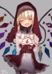 Rule 34 | 1girl, :d, blonde hair, blurry, blush, brooch, chisiro unya (unya draw), cowboy shot, crystal, dated, closed eyes, fang, flandre scarlet, frilled sleeves, frills, garter straps, grey background, habit, head tilt, jewelry, light particles, nail polish, open mouth, own hands together, praying, red headwear, side ponytail, signature, simple background, smile, solo, touhou, two-tone dress, wings, wrist cuffs