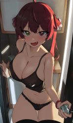 Rule 34 | 1girl, absurdres, black bra, black panties, bra, breasts, camisole, cleavage, collarbone, door, heterochromia, highres, hololive, houshou marine, huge filesize, large breasts, long hair, looking at viewer, opening door, panties, red eyes, red hair, red ribbon, ribbon, smile, solo, thick thighs, thigh gap, thighhighs, thighs, third-party edit, tonki, twintails, underwear, virtual youtuber, yellow eyes