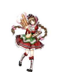 Rule 34 | 1girl, baguette, basket, bonnet, bow legwear, braid, bread, brown hair, carrying, dress, floating hair, food, full body, highres, kneehighs, lima, long hair, looking at viewer, low-tied long hair, mary janes, official art, royal flush heroes, shoes, sleeves past wrists, smile, socks, solo, transparent background, twin braids, yellow eyes