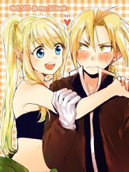 Rule 34 | 1boy, 1girl, :d, arm grab, arms around neck, bandeau, bare arms, bare shoulders, black tube top, blonde hair, blue eyes, blush, braid, checkered background, couple, cowboy shot, earrings, edward elric, embarrassed, eyelashes, fingernails, fullmetal alchemist, gloves, happy, heart, hetero, hug, jewelry, long hair, looking at another, nervous, open mouth, ponytail, round teeth, shy, smile, strapless, sweatdrop, teeth, tsukuda0310, tube top, twitter username, upper body, white gloves, winry rockbell, yellow eyes