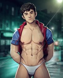 Rule 34 | 1boy, abs, arms behind back, bara, bare pectorals, black hair, blue jacket, briefs, closed mouth, highres, hood, hood down, hooded jacket, jacket, large pectorals, looking at viewer, male focus, male underwear, marvel, marvel cinematic universe, multicolored clothes, multicolored jacket, muscular, muscular male, navel, nerdyart1, night, night sky, nipples, open clothes, open jacket, outdoors, pectorals, peter parker, red jacket, short hair, sky, solo, spider-man, spider-man: far from home, spider-man (series), thick thighs, thighs, two-tone jacket, underwear, white male underwear