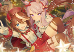 2girls absurdres animal_ears blue_eyes blurry blurry_background blush bow bowtie brown_hair christmas_ornaments collared_shirt commentary_request ear_ribbon fur-trimmed_footwear fur_trim gloves hat highres horse_ears horse_girl horse_tail jtleeklm long_hair looking_at_viewer mejiro_mcqueen_(umamusume) multicolored_hair multiple_girls open_mouth purple_eyes purple_hair red_bow red_bowtie red_hat red_ribbon red_shorts ribbon santa_capelet shirt shorts smile streaked_hair suspender_shorts suspenders tail teeth thighhighs tokai_teio_(umamusume) umamusume upper_teeth_only white_gloves white_hair white_shirt