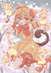 Rule 34 | 1girl, :3, animal ears, blonde hair, bow, braid, detached sleeves, fingerless gloves, fong pudding, gloves, handstand, holding, holding weapon, magical girl, mew pudding, monkey ears, monkey girl, monkey tail, multiple views, nuka (nukamochi), open mouth, orange bow, orange eyes, orange gloves, petals, puffy sleeves, short hair, short twintails, tail, thigh strap, tokyo mew mew, tokyo mew mew new, twintails, weapon