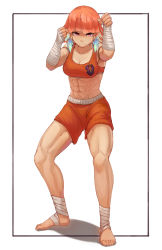 Rule 34 | 1girl, abs, ankle wrap, barefoot, black shorts, boxers, breasts, clenched hands, commentary, earrings, english commentary, fighting stance, foot wraps, gift art, hand wraps, highres, hololive, hololive english, jewelry, kickboxing, male underwear, medium breasts, midriff, muay thai, muscular, muscular female, navel, obliques, purple eyes, red eyes, seraziel, shorts, simple background, takanashi kiara, underwear, virtual youtuber, white background