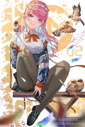 Rule 34 | 1girl, absurdres, animal, bird, black footwear, black jacket, black shorts, blue eyes, blue hair, blurry, bow, bowtie, brown pantyhose, c:, closed mouth, collared shirt, colored inner hair, commentary, darling in the franxx, eyebrows hidden by hair, feathers, full body, hairband, hand on own knee, head tilt, highres, horns, hui zhong zhi meng, jacket, knees up, legs, pantyhose under shorts, lens flare, light blue hair, loafers, long hair, long sleeves, looking at viewer, multicolored hair, off shoulder, pantyhose, pink hair, red bow, red bowtie, shiny footwear, shirt, shoes, short shorts, shorts, sitting, smile, solo, translation request, white hairband, white shirt, zero two (darling in the franxx), zipper