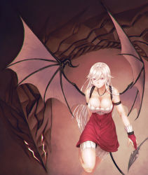 Rule 34 | 1girl, bad id, bad pixiv id, blonde hair, breasts, cleavage, demon tail, demon wings, dress, gloves, highres, jewelry, large breasts, long hair, mstm, necklace, original, red eyes, solo, tail, wings