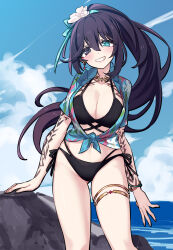 Rule 34 | 1girl, arm tattoo, bikini, black bikini, black eyes, blue eyes, blue hair, blue ribbon, blue shirt, blue sky, breasts, cleavage, commentary request, earrings, flower, genderswap, genderswap (mtf), grin, hair flower, hair ornament, hair ribbon, heterochromia, high ponytail, highres, hong lu (project moon), jewelry, large breasts, limbus company, long hair, looking at viewer, neck tattoo, ocean, open clothes, open shirt, project moon, ribbon, rock, shiki (shikki46), shirt, single earring, sky, smile, solo, swimsuit, tattoo, thighlet, tied shirt, very long hair, white flower