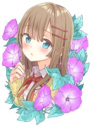 Rule 34 | 1girl, bad id, bad pixiv id, blue eyes, blush, breasts, brown hair, buttons, collared shirt, cropped torso, earrings, flower, glint, hair ornament, hairclip, head tilt, highres, jewelry, leaf, long hair, long sleeves, looking at viewer, maigoyaki, nail polish, neck ribbon, original, parted lips, pink nails, purple flower, red ribbon, ribbon, school uniform, shirt, sidelocks, simple background, sleeves past wrists, solo, sweater, white background, white shirt, yellow sweater