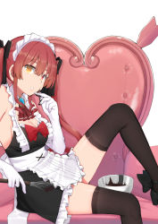 Rule 34 | 1girl, alternate costume, black dress, black ribbon, black thighhighs, breasts, cleavage, couch, dress, elbow gloves, enmaided, food, food on face, fox shadow puppet, frilled dress, frills, gloves, hair ribbon, heterochromia, highres, hololive, houshou marine, kaname (melaninusa09), knee up, long hair, looking at viewer, maid, maid headdress, medium breasts, on couch, parted lips, red eyes, red hair, ribbon, sagging breasts, short dress, sitting, sleeveless, sleeveless dress, solo, thighhighs, twintails, valentine, virtual youtuber, white gloves, yellow eyes